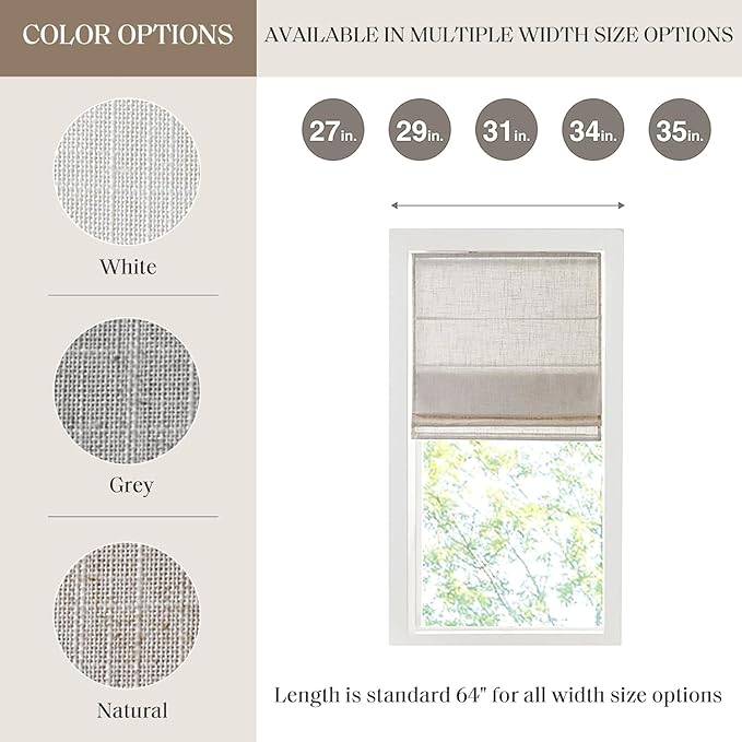 Madison Park Kyler Cordless Roman Shades - Single Panel, Lightweight Linen Blend Fabric, Natural Design, Easy Installation, Light Filtering Window Blind, Bedroom, Living Room Decor 29" W x 64" H Grey