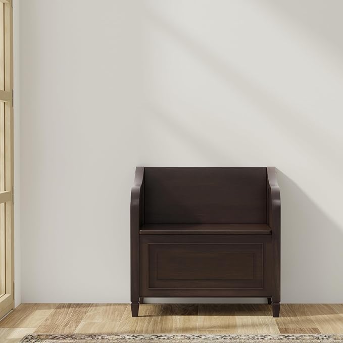 SIMPLIHOME Connaught Entryway Storage Bench - 30 inch Wide Solid Wood Small Storage Seat in Chestnut Brown, Traditional Bench for Entryway or Living Room with Lift-Up Lid and Decorative Trim