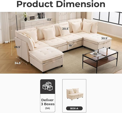 133'' Modular Sectional Sofa, Oversized U Shaped Couch with Storage Ottoman, Comfy Chenille Sofa with Deep Seat, 6 Seat Convertible Couches with Throw Pillows for Living Room, Beige