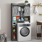 Farmhouse Over The Toilet Storage Cabinet with Sliding Door & Toilet Paper Holder Stand, Space-Saving for Bathroom & Restroom, Wash Grey