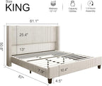 HOWE King Size Upholstered Platform Bed Frame, Wingback Bed with 50.8" Headboard, Corduroy/Solid Wood Leg/No Box Spring Needed/Noise Free/Cream