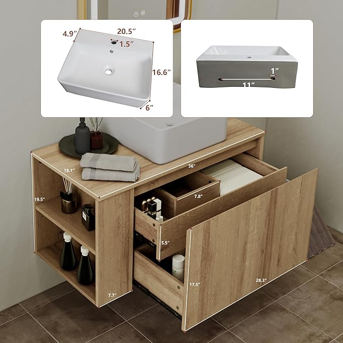 Bathroom Vanity, Natural Color Wall-Mounted Bathroom Vanity with Hidden Drawer (Nature with Sink, 36")