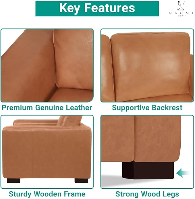 Naomi Home Freya Genuine Leather Sofa - Luxurious Comfort, Goose Feather Cushion Filling, Square Arm Design, Sturdy Block Legs, Elegant Tan - Ideal for Living Room, Office, or Bedroom
