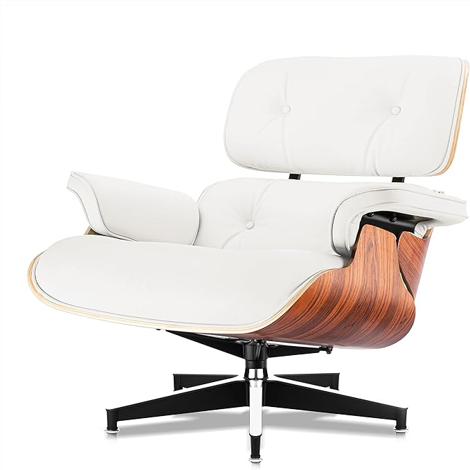 Top White Grain Leather, Mid Century Chaise Lounge Chair and Ottoman, Modern Chair Classic Design, Palisander Wood, Heavy Duty Base Support for Living Room Office