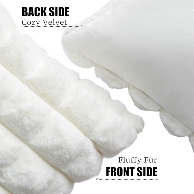 Neelvin Cream White Faux Fur Cozy Soft Plaid Decorative Throw Pillow Covers 12x20 inch Set of 2,Velvet Pillowcase Cushion Case for Sofa Couch