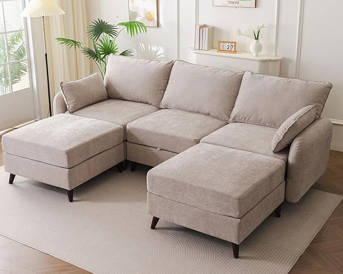104'' Modular Sectional Sofa with All Seats Storage, Oversized U Shaped Couch for Living Room,3-Seater Comfy Cloud Couches with Movable Ottoman,Big Sectional for Bedroom,Velet,Khaki