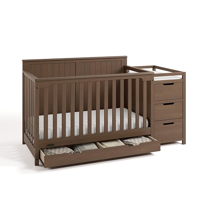 Graco Hadley 5-in-1 Convertible Crib & Changer (Hazelnut) – GREENGUARD Gold Certified, Fits Standard Crib Mattress, Converts to Toddler Bed and Full Bed, 4 Adjustable Mattress Heights