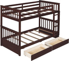 Merax Wood Bunk Bed with Drawers,Convertible Wood Bunk Bed with Ladders and Two Storage Drawers,Solid Wood Detachable Bed Frame with Ladders,Twin Over Twin Size,Espresso