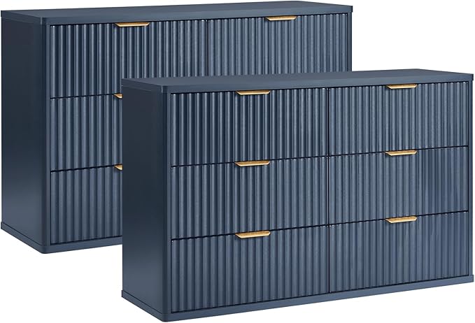 LEYAOYAO Fluted 6 Drawers Dresser Set of 2, 48" Wide Modern Chest of Drawers with Wood Grain Top, Curved Profile Design, Dresser TV Stand, Wooden Drawer Organizer for Bedroom, Living Room,Hallway,Blue