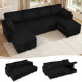 110" Corduroy Pull Out Sofa Bed w/Adjustable Backrests, Sectional U-Shape Sleeper Sofa w/Storage Chaise, Convertible Couch Bed w/USB Charging Port & Cup Holders for Living Room, House, Black