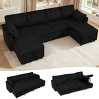 110" Corduroy Pull Out Sofa Bed w/Adjustable Backrests, Sectional U-Shape Sleeper Sofa w/Storage Chaise, Convertible Couch Bed w/USB Charging Port & Cup Holders for Living Room, House, Black