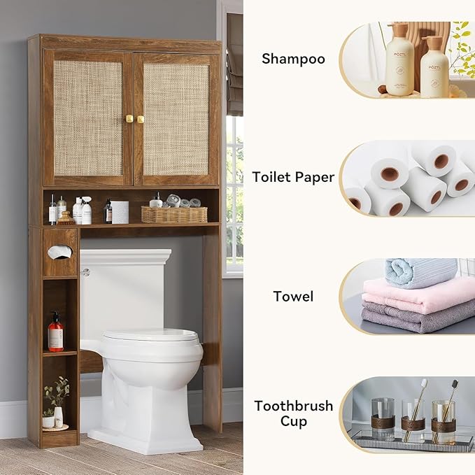 Over The Toilet Storage Cabinet, Over Toilet Bathroom Organizer with Double Doors and Adjustable Shelf, Freestanding Home Space Save Toilet Rack (Rustic Brown, Double Doors)
