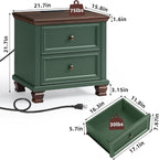 Farmhouse Nightstand Set of 2 for Bedroom, Mid-Century Low Nightstands with 2 Drawers & Charging Station, Vintage Night Stands with 4 Square Solid Wood Legs, Small Dresser for Home, Green
