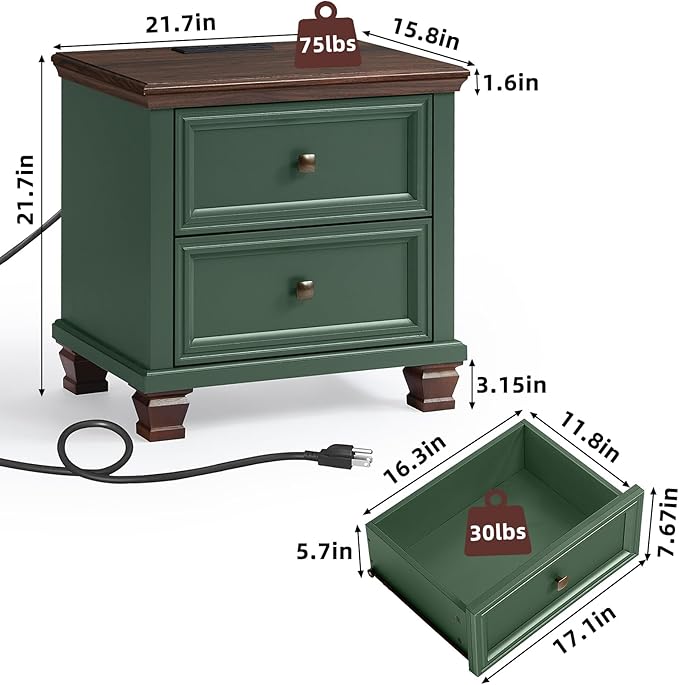 Farmhouse Nightstand Set of 2 for Bedroom, Mid-Century Low Nightstands with 2 Drawers & Charging Station, Vintage Night Stands with 4 Square Solid Wood Legs, Small Dresser for Home, Green