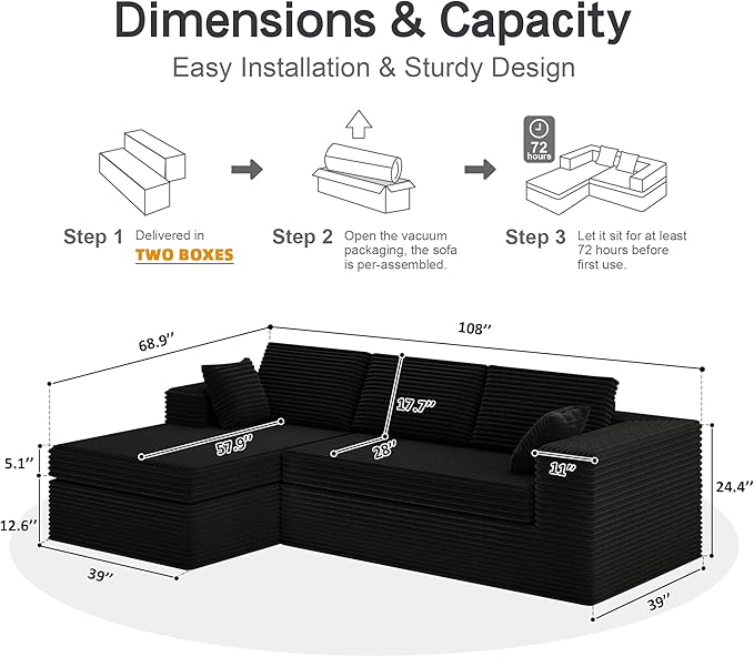 108-inch Boneless Couch for Living Room，Comfy Boneless Sofa with Deep Seats & Chaise Lounge, 3-Seat Modular Sofa Memory Foam Sectional Couches - No Assembly Required(Dark Black)