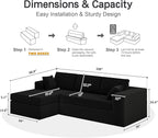 108-inch Boneless Couch for Living Room，Comfy Boneless Sofa with Deep Seats & Chaise Lounge, 3-Seat Modular Sofa Memory Foam Sectional Couches - No Assembly Required(Dark Black)