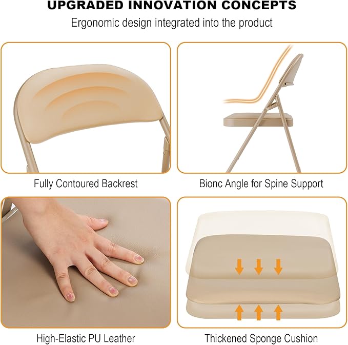 4 Pack Khaki Folding Chairs with Padded Cushion and Back, Portable Stackable Commercial Metal Foldable Chairs with Steel Frame for Party Events Wedding Home Office, 350lbs Capacity