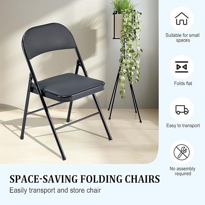 6 Pack Black Folding Chairs with Padded Cushion and Back, Foldable Indoor Outdoor Chairs with 330-LBS Capacity, Portable Heavy Duty Metal Frame Commercial Seat for Kitchen, Party, Events, Wedding