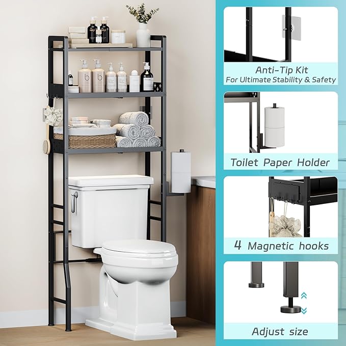Over The Toilet Storage, 3-Tier Metal Over Toilet Bathroom Organizer Shelf with Adjustable Shelf with Toilet Paper Holder & Hooks Black