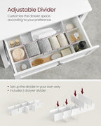 VASAGLE Storage Cabinet, Freestanding Floor Cabinet, 2 Drawers with 1 Set of Adjustable Divider, 2 Baskets, Sideboard, 11.8 x 23.6 x 31.5 Inches, for Bathroom, Living Room, Cloud White UBBC545W02