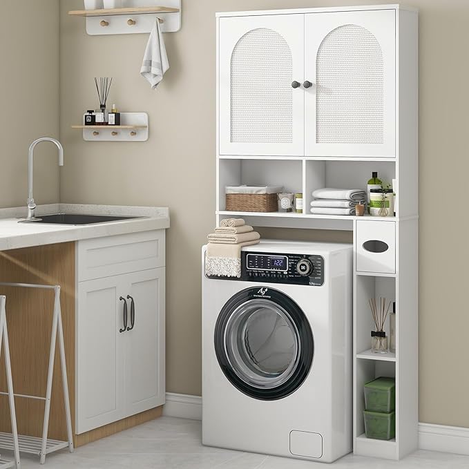 Vabches Over The Toilet Storage Cabinet, Rattan Storage Cabinet Over Toilet with 2 Doors & Toilet Paper Holder Stand, Freestanding Toilet Shelf Space Save with Anti-Tip Design Adjustable Shelf, White