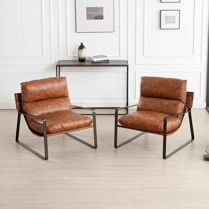 LukeAlon Modern PU Leather Accent Armchairs Set of 2, Upholstered Lounge Chair with Brass Metal Frame Thickened Cushion Single Sofa Chair Leisure Chair with Lychee Grain for Bedroom Living Room, Brown