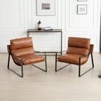 LukeAlon Modern PU Leather Accent Armchairs Set of 2, Upholstered Lounge Chair with Brass Metal Frame Thickened Cushion Single Sofa Chair Leisure Chair with Lychee Grain for Bedroom Living Room, Brown
