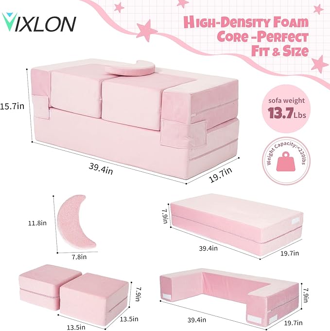 5 Pcs Modular Kids Play Couch, Toddler Couches That Fold Out, Plush Foam Chair for Children’s Playroom, Velvet Fabric Convertible Foam and Floor Cushion for Boys and Girls (Pink,02)