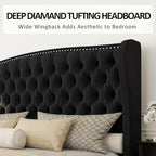 AMERLIFE California King Size Platform Bed Frame, Velvet Upholstered Bed with Deep Button Tufted & Nailhead Trim Wingback Headboard/No Box Spring Needed,Black