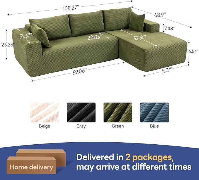 2025 New 108" Cloud Couch Sectional, Modular Sectional Sofa with L-Shaped Chaise, Deep Seat Sectional Modular Couch for Living Room, No Assembly Required (Green, Right Facing Chaise)