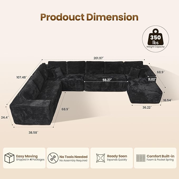 Cloud Sectional Couch with Chaise, Boneless U-Shaped Cloud Couch with Deep Seat, Soft Plush Modern Minimalist Sofa, Assembly Free Modular Floor Sofa for Office Living Room Apartment, Black