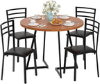 VECELO 35” Round Dining Table Set with 4 Cushioned Padded Chairs for Kitchen, Breakfast Nook, or Living Room, Wood-Grain Tabletop & Heavy-Duty Steel Frame, Easy Assembly, Walnut