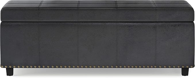 SIMPLIHOME Kingsley 48 inch Wide Transitional Rectangle Large Storage Ottoman in Distressed Black Vegan Faux Leather, Assembled for the Living Room, Entryway and Family Room