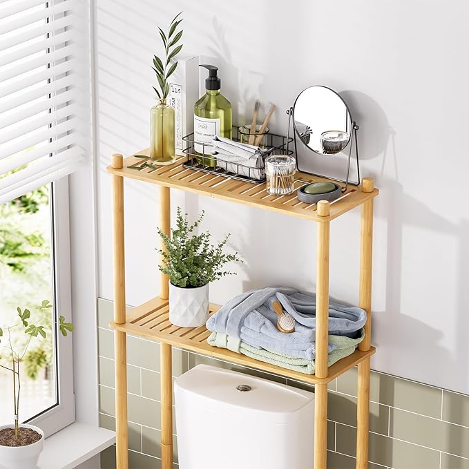 AmazerBath Bamboo Over The Toilet Storage Shelf, 2-Tier Over Toilet Organizer Rack, Freestanding Above Toilet Shelf for Bathroom, Laundry, Space Saver, Natural Color
