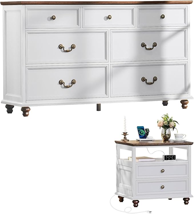 Farmhouse Dresser and Nightstand Sets, Wood 54" Wide Dresser & 24" Night Stand with Charging Station, 2 Piece Bedroom Furniture Set, Chest of Drawers for Bedroom, Home, Living Room, Hallway
