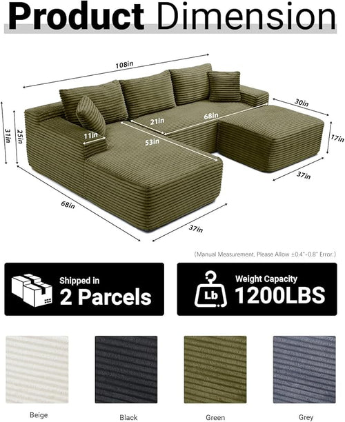 108 Inch Cloud Sectional Couch,Modern Modular Sectional Sofa with Deep Seat,Corduroy Boneless Couches with L-Shape Chaise for Living Room,No Assembly Required (Green, Left Facing Chaise + Ottoman)