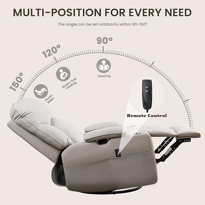 GRAINELL Rocking Chair Nursery, Electric Swivel Recliner Glider with Adjustable Armrests, Nursing Chair with USB Charger, Cup & Blanket Holders,Grey PU Leather