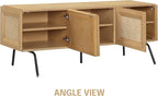 NTC Mossic TV Media Cabinet with 3 Doors for TVs, Entertainment Center with Natural Rattan, Metal Legs, Modern Storage Console for Living Room and Bedroom, Effortless Assembly, Sand