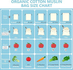 TOPDesign 6-Pack 14” x 17” Reusable Produce Bags, Muslin Bags with Drawstrings for Shopping & Storage, 100% Natural Cotton Bags, Washable, Biodegradable, Food Safe