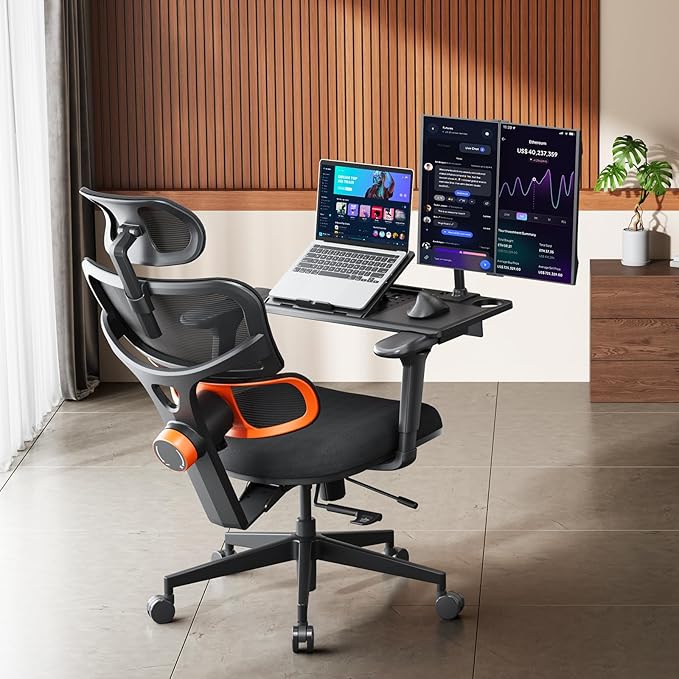 Newtral Ergonomic Office Chair with Fully Adaptive Lumbar Support, 136°Tilt Function, Computer Desk Chair with Soft 4D Armrest, Adjustable Headrest (Upgrade with Laptop Tray, Black)