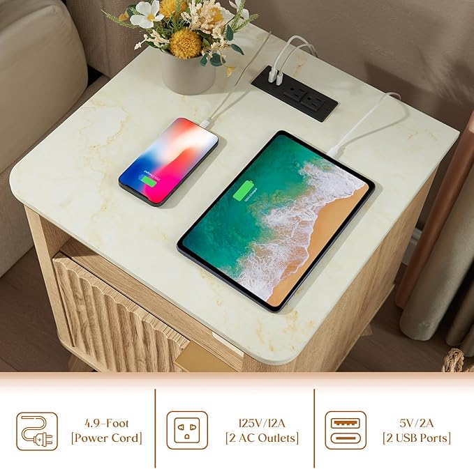 QUW Fluted Nightstands Set of 2 with Charging Station, 18" Modern Side Table, Wooden Bedside Table with Faux Marble Top, Open Storage, Cabinet, End Table for Bedroom, Living Room, Natural Oak