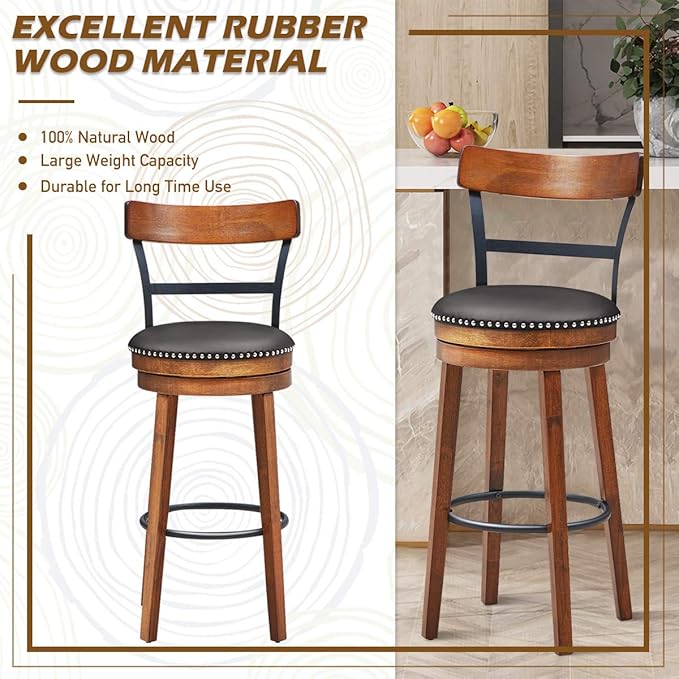 COSTWAY Bar Stools Set of 4, 360-Degree Swivel Stools with Leather Padded Seat, Single Slat Ladder Back & Solid Rubber Wood Legs, Bar Height Stools for Pub, Restaurant, Kitchen, Brown (4, 30.5)