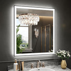 WTTY 32"X36" LED Bathroom Mirror with Black Frame, Bathroom Vanity Mirror with Lights for Wall, Front Light and Backlit, Anti-Fog, Dimmable, 3 Colors, Shatterproof, Memory, Horizontal/Vertical