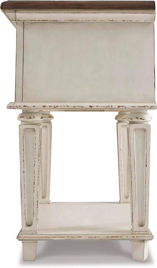 Signature Design by Ashley Realyn Traditional Cottage 1 Drawer Nightstand with Dovetail Construction & Open Display Shelf, Chipped White, 27" Tall, Distressed Brown