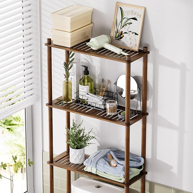 AmazerBath Bamboo Over The Toilet Storage Shelf, Over Toilet Bathroom Organizer Rack, 3-Tier Bathroom Shelves Over Toilet, Space Saver, Walnut Brown