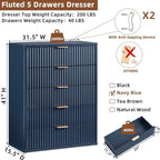 Fluted 5 Drawers Dresser for Bedroom, 41" Tall Modern Chest of Drawers with Metal Handle,Navy Blue Wood Drawer Organizer for Bedroom, Living Room, Hallway, Entryway