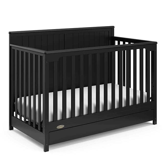 Graco Hadley 5-in-1 Convertible Crib with Drawer (Black) – Combo, Includes Full-Size Nursery Storage, Converts from Baby Crib to Toddler Bed, Daybed