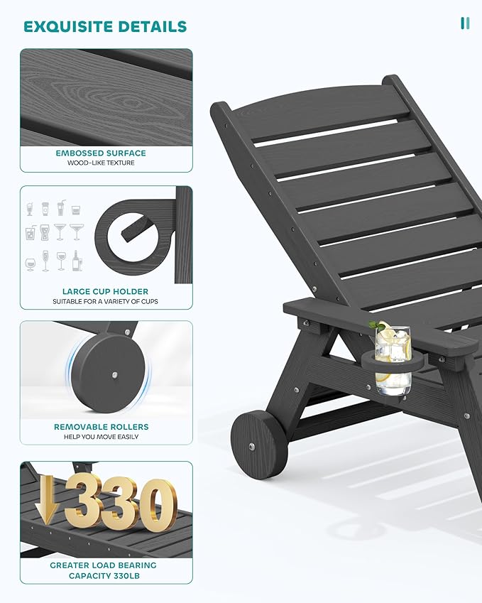 SERWALL Patio Chaise Lounge Chair Set of 2, 78'' Long 5-Positions Adjustable HDPE Outdoor Lounger for Pool, Poly Lounge Chair with Rolling Wheels & Cup Holder for Poolside, Deck, Slate Gray