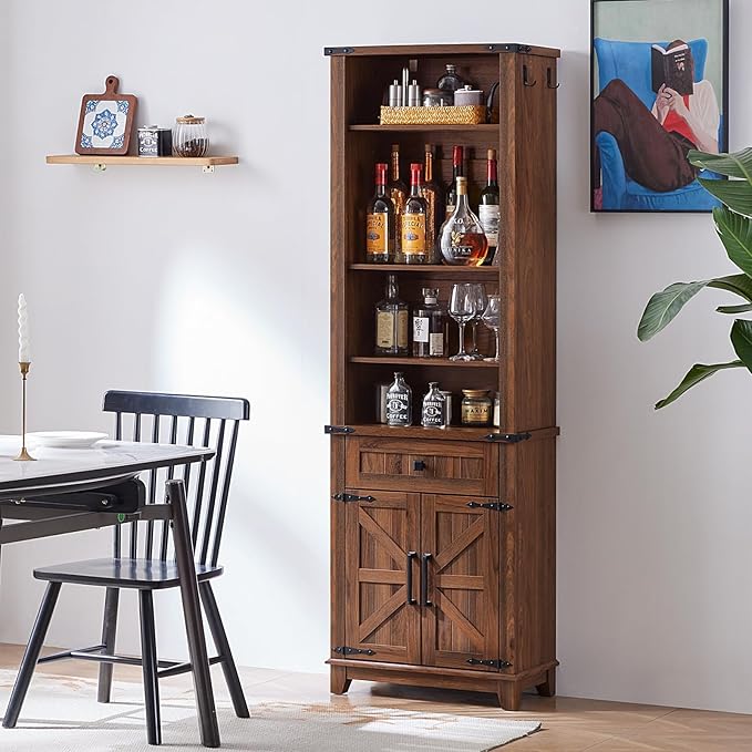 72in Tall Bookshelf 7 Tier Bookcase with Drawer and Barn Doors and Adjustable Shelves, Brown Farmhouse Book Shelf with Storage Cabinet, Wood Freestanding Display Bookshelves for Kitchen