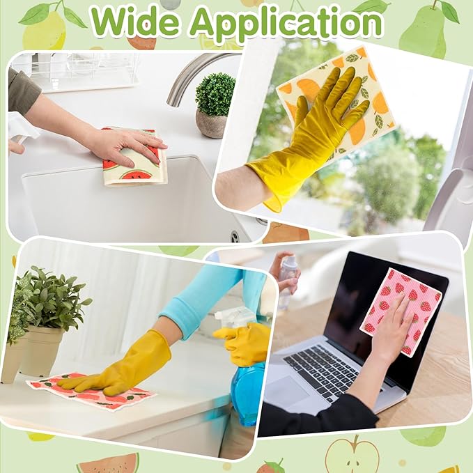 10 Pack Swedish Dishcloths for Kitchen- Reusable Paper Towels Washable Swedish Cloths Fruit Prints Dish Wipes with Adhesive Clips- Super Absorbent Fast Drying Kitchen Sponge for Cleaning Dishes